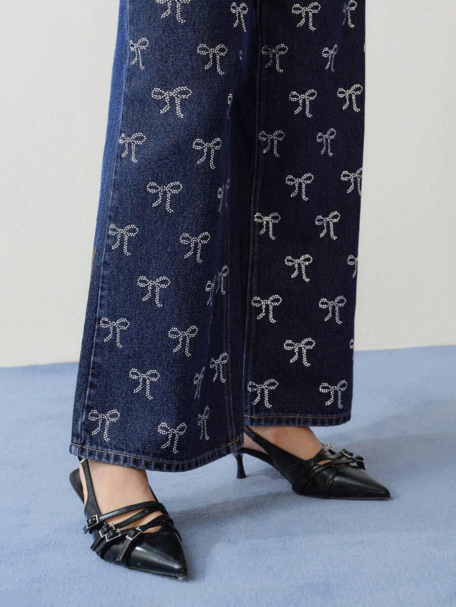 spodnie jeans wysoki stan zdobienie kokarda 
