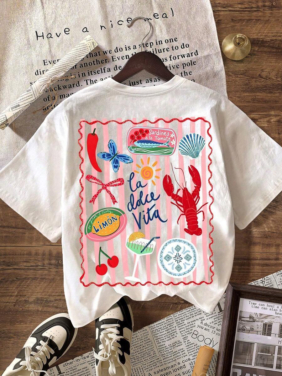 BIAŁY T-SHIRT okrągły dekolt NADRUK