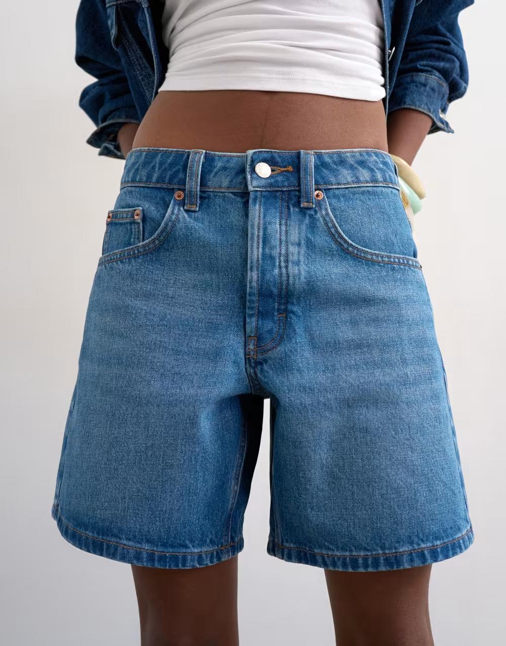 niebieskie krótkie spodenki jeans