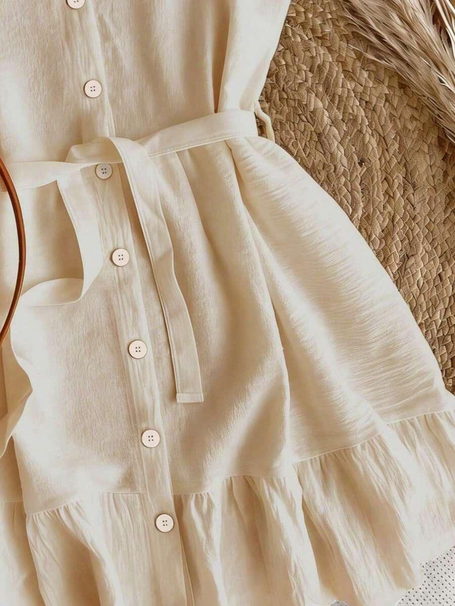 beżowa sukienka v-neck falbana