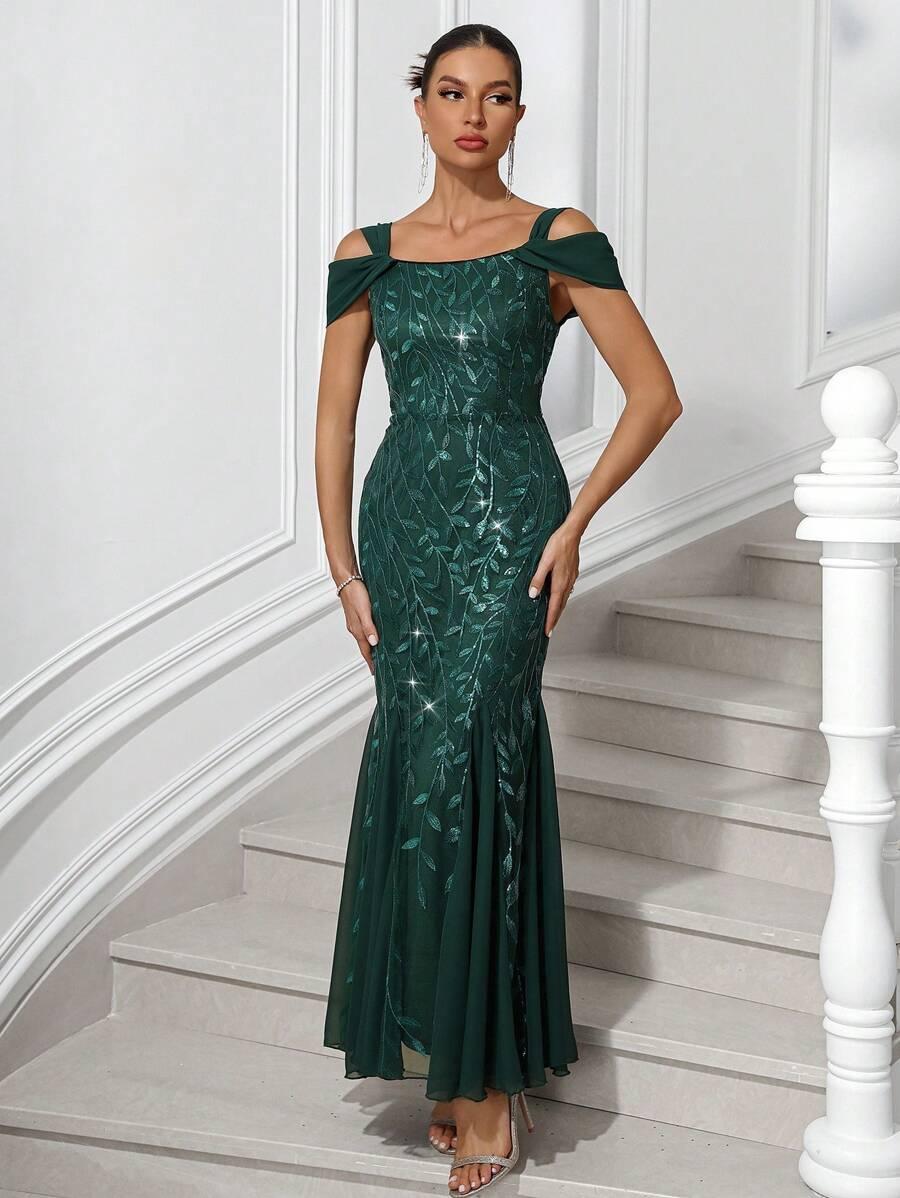 ZIELONA MAXI SUKIENKA ZDOBIENIA CEKINY