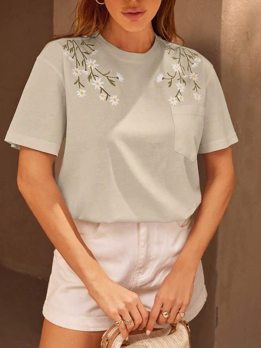 beżowy t-shirt okrągły dekolt haft