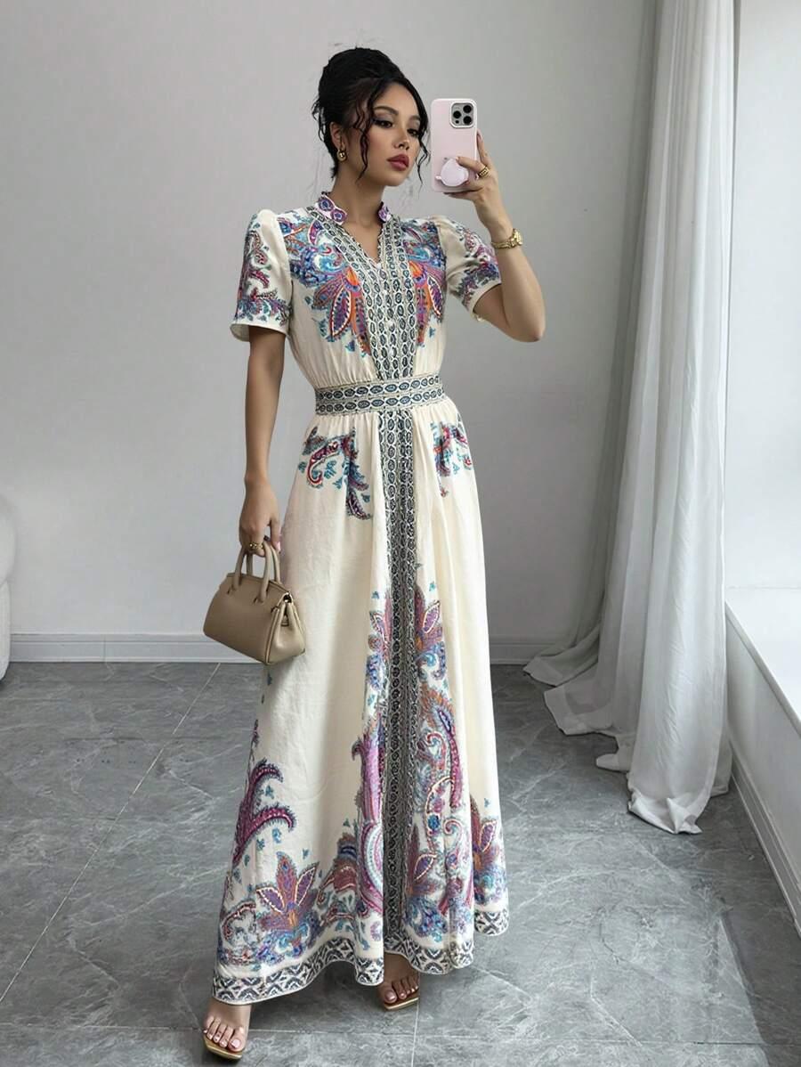 maxi sukienka krótki rękaw v neck wzór