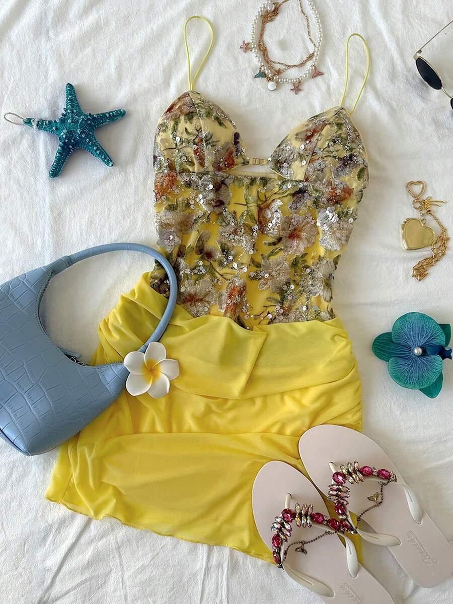 ŻÓŁTA MINI SUKIENKA ZDOBIENIE