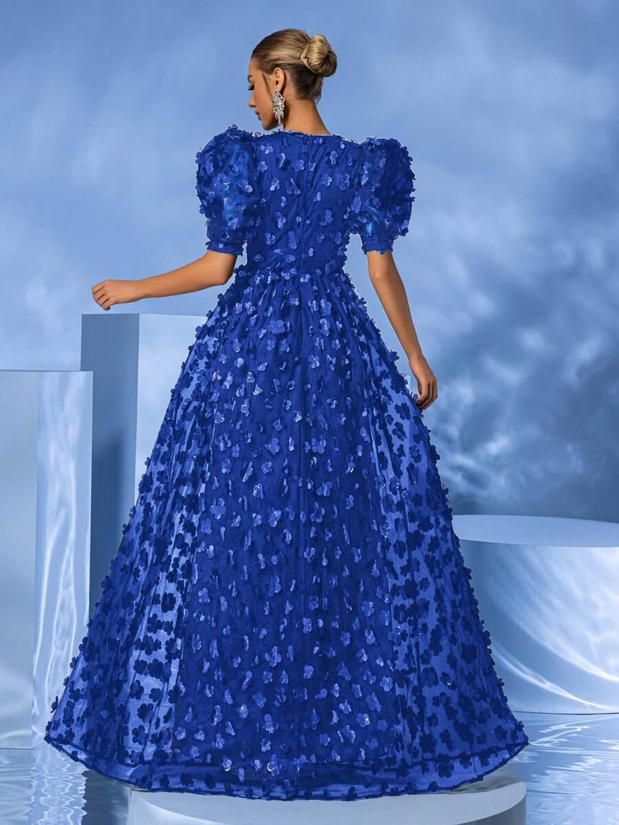 niebieska sukienka maxi zdobienia kwiaty 3d