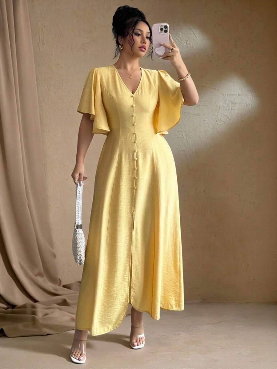 ŻÓŁTA SUKIENKA GUZIKI V-NECK