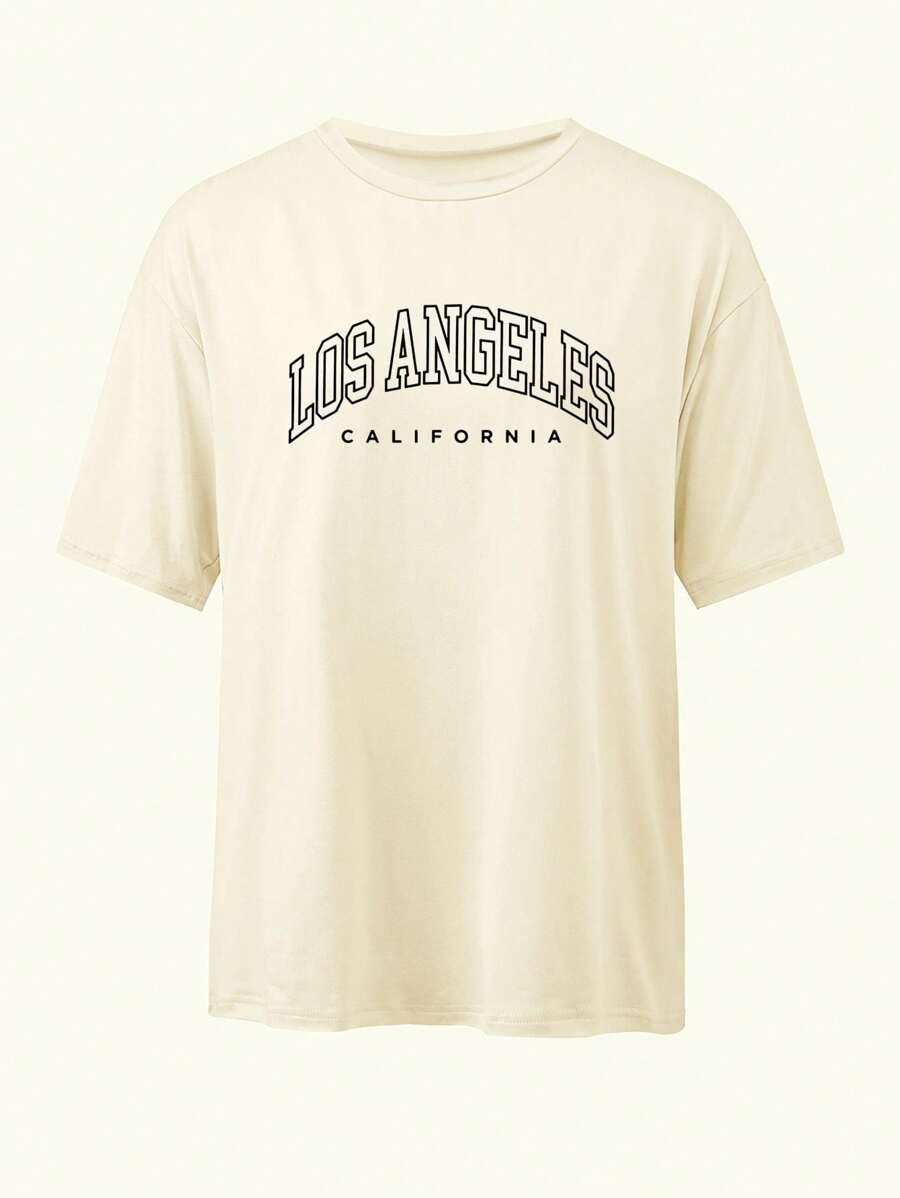 fioletowy t-shirt oversize napis los angeles