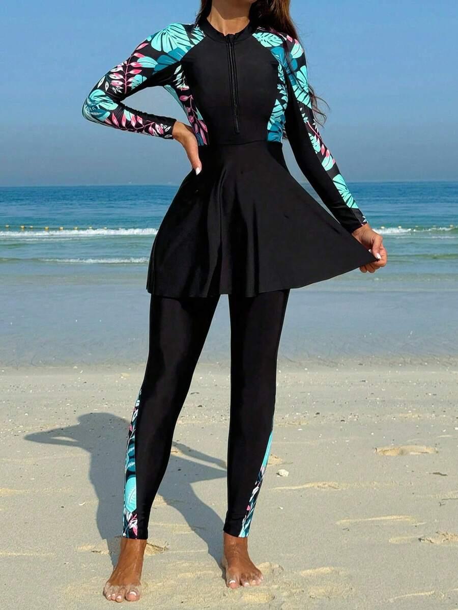 DWUCZĘŚCIOWY STRÓJ KĄPIELOWYTROPICAL PRINT SPODNIE SUKIENKA