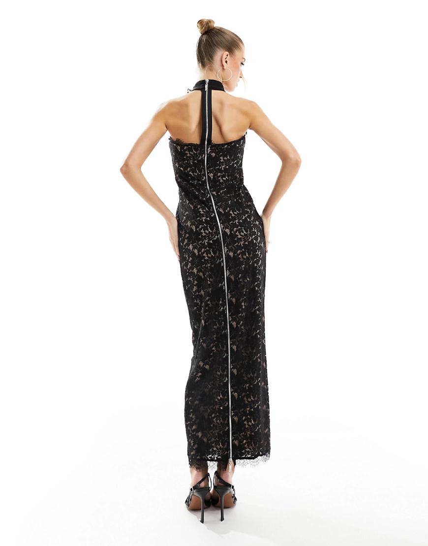 ołówkowa koronkowa sukienka maxi zip choker na szyi