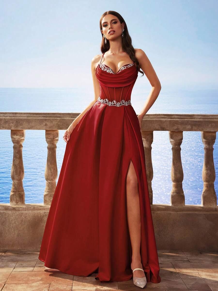 satynowa maxi sukienka rozcięcie zdobienia cross back