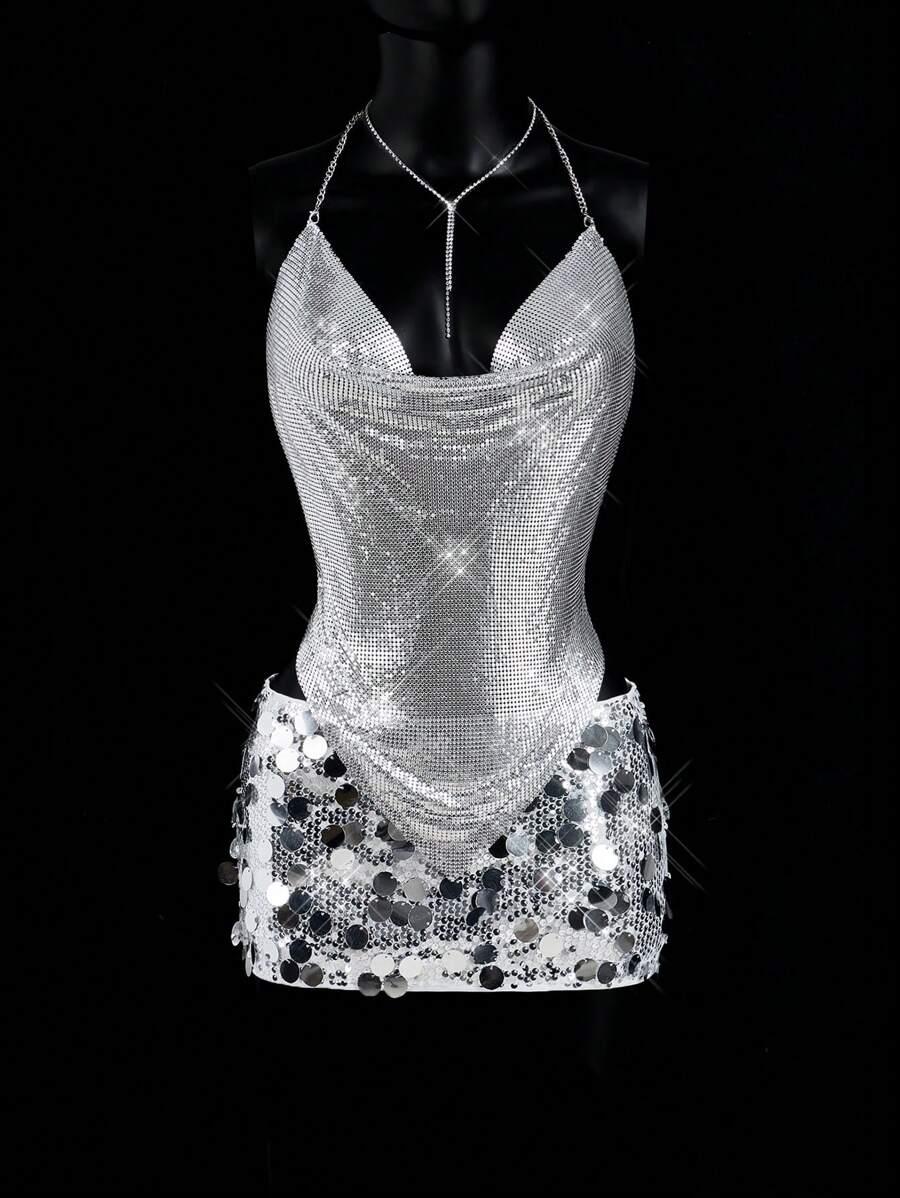 SREBRNY CROP TOP ODKRYTE PLECY 