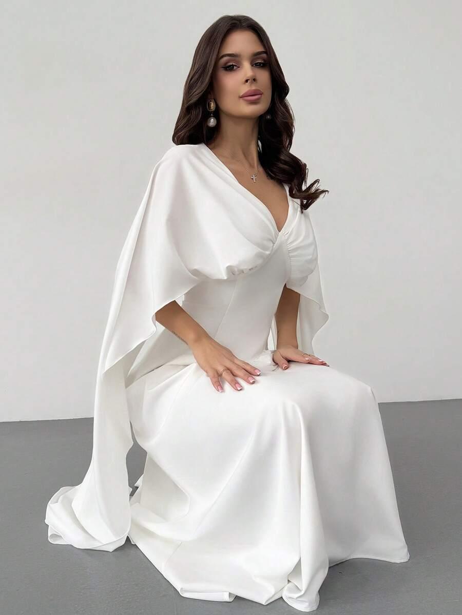 biała maxi sukienka v neck