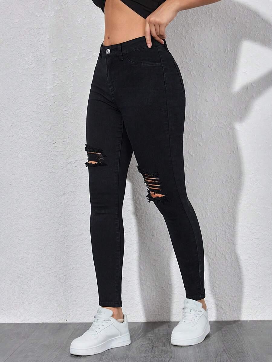 CZARNE SPODNIE JEANS PRZETARCIA 