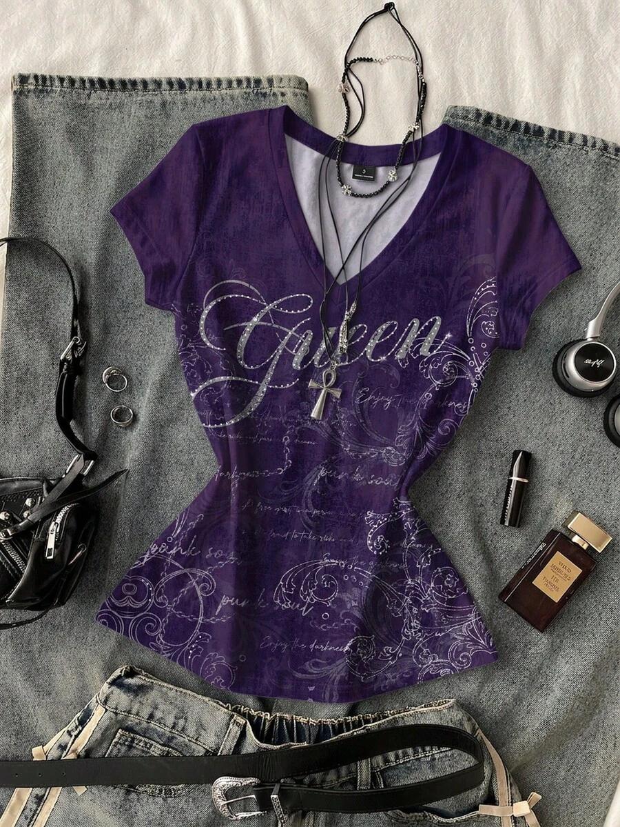 fioletowy t-shirt v-neck