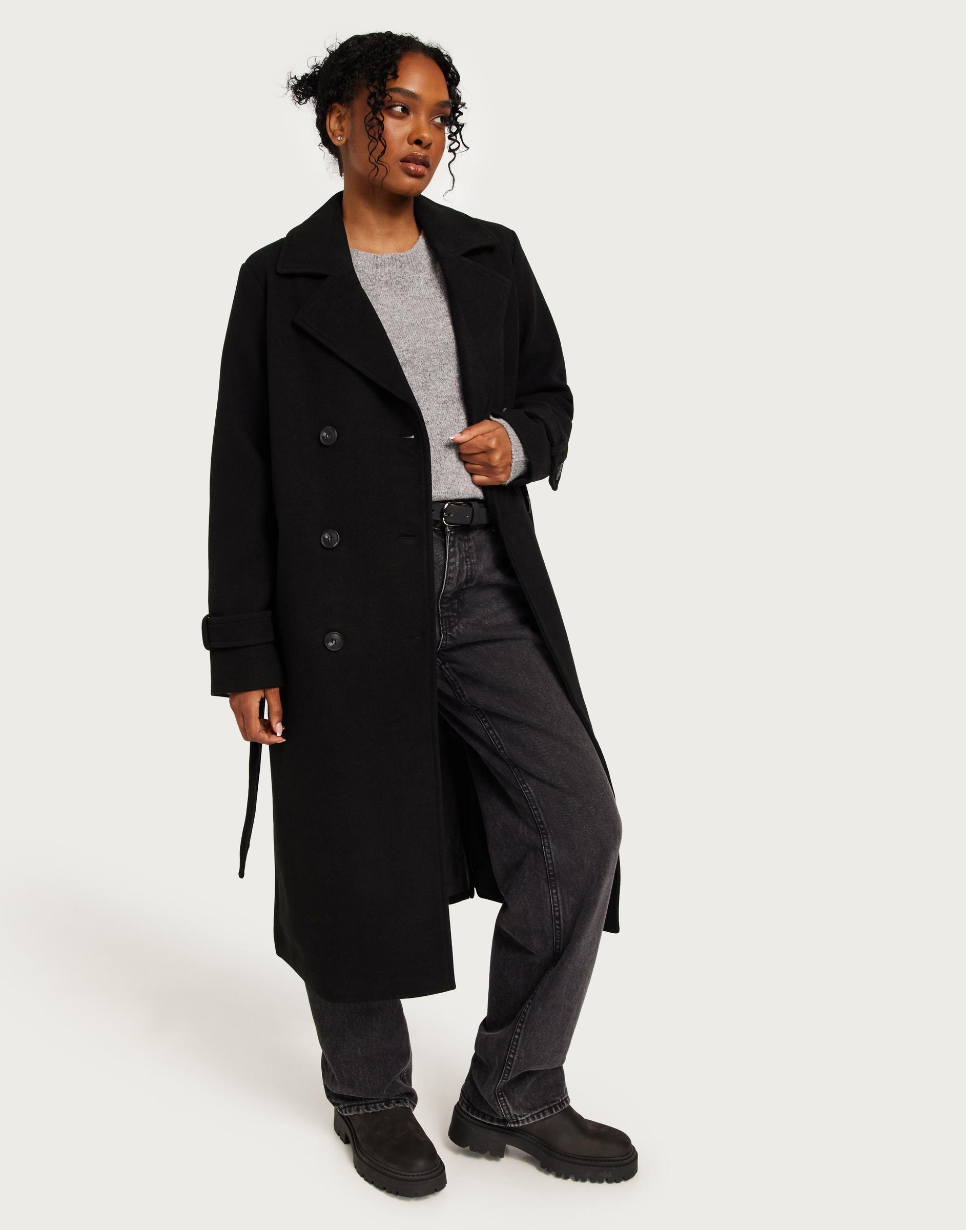 czarny dwurzędowy długi klasyczny płaszcz