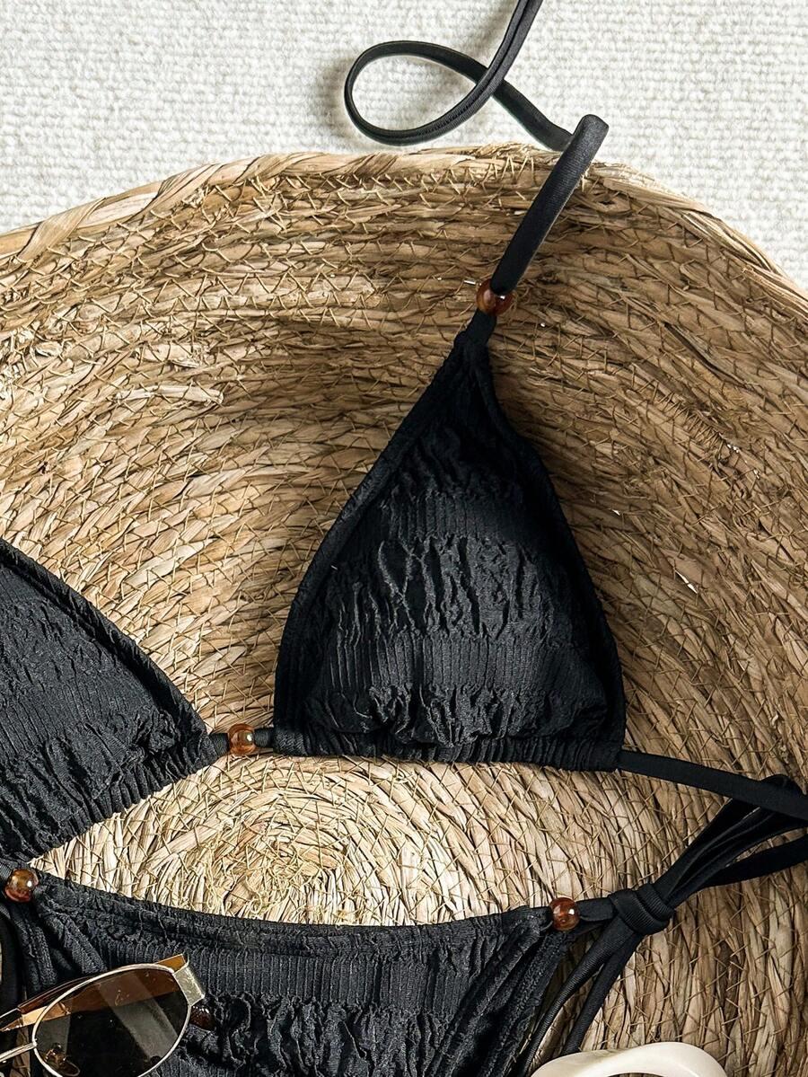 czarny wiązany kostium bikini tekstura komplet