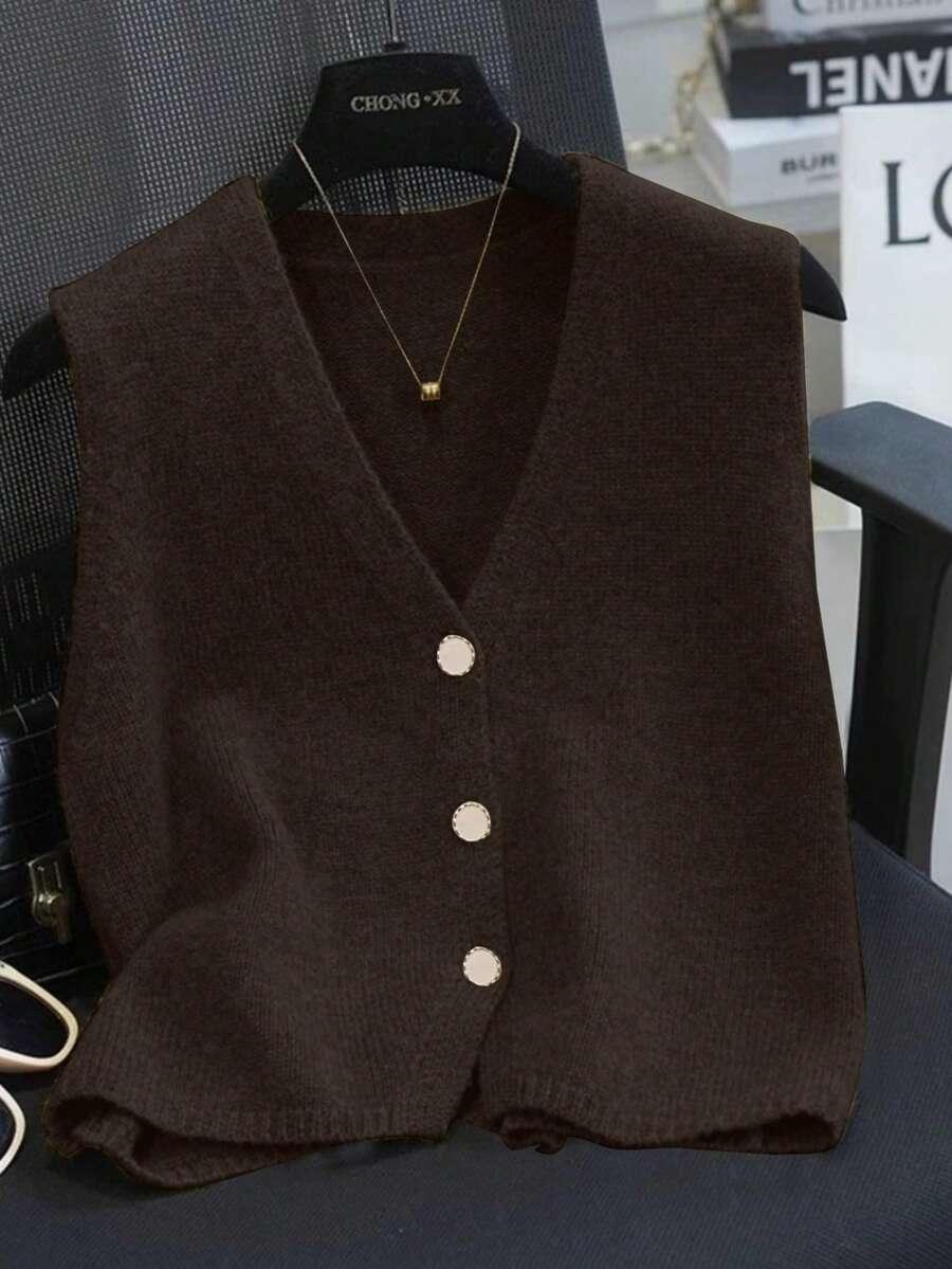 BRĄZOWA DZIANINOWA KAMIZELKA V-NECK GUZIKI
