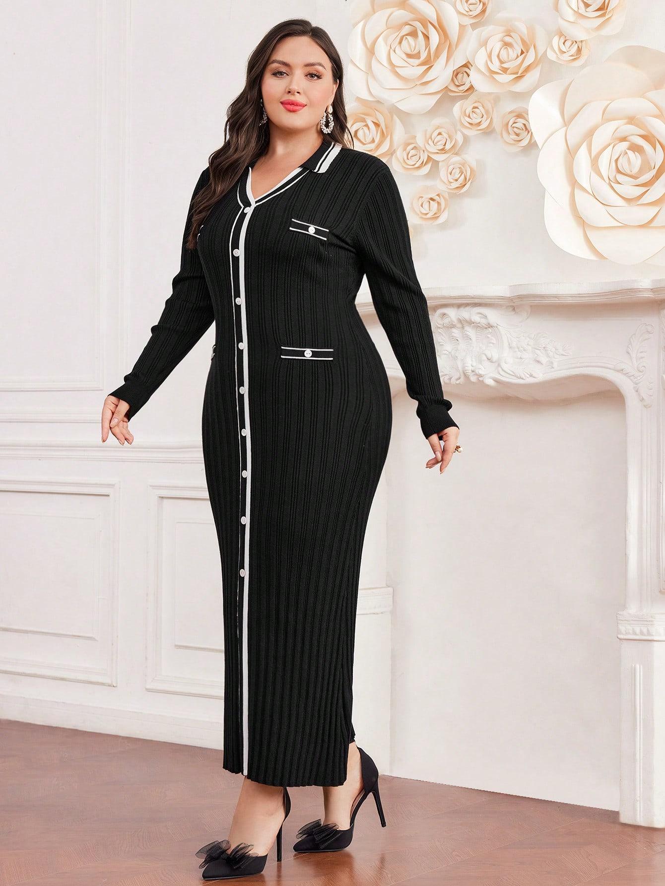 dzianinowa czarna maxi sukienka prążki kontrast