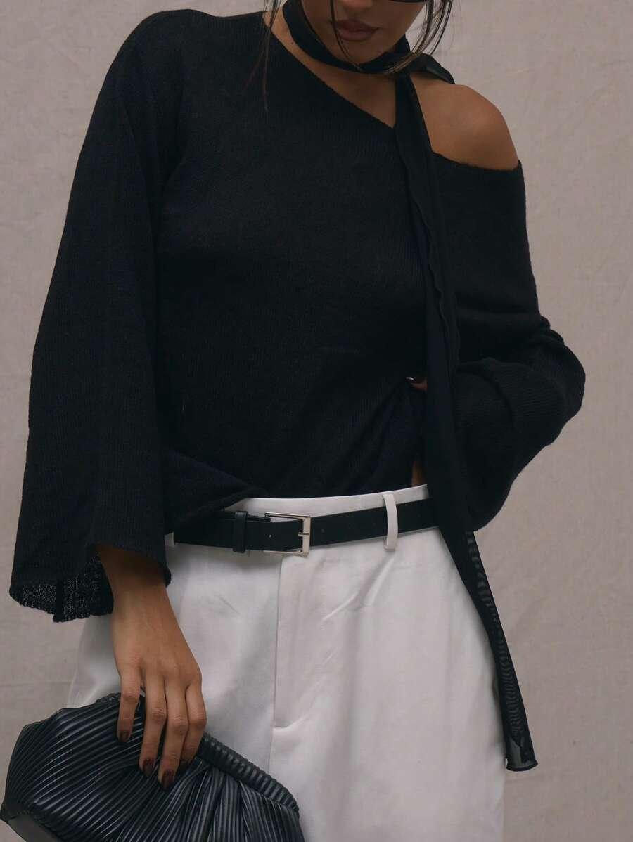 CZARNY DZIANINOWY SWETER