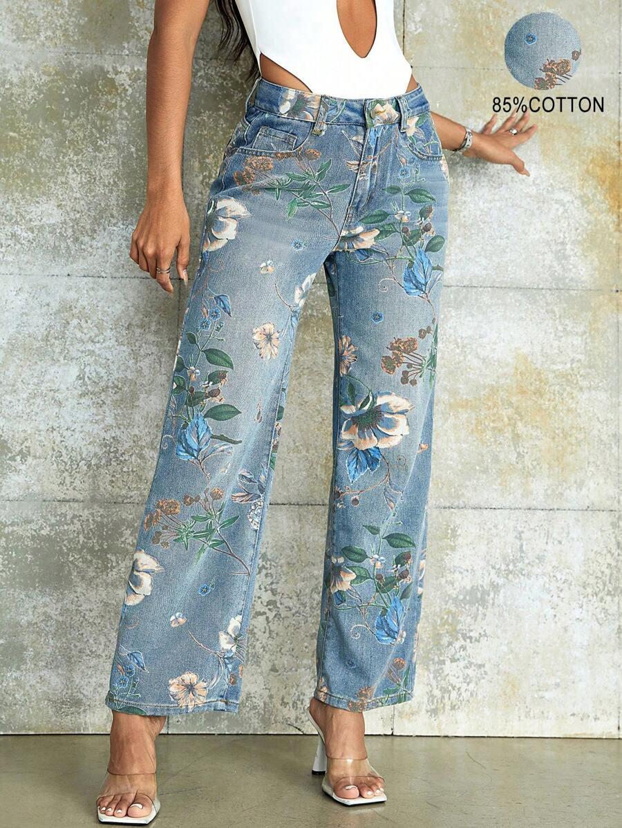 jeansy print kwiaty