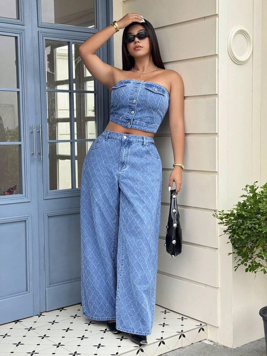 niebieski jeansowy top
