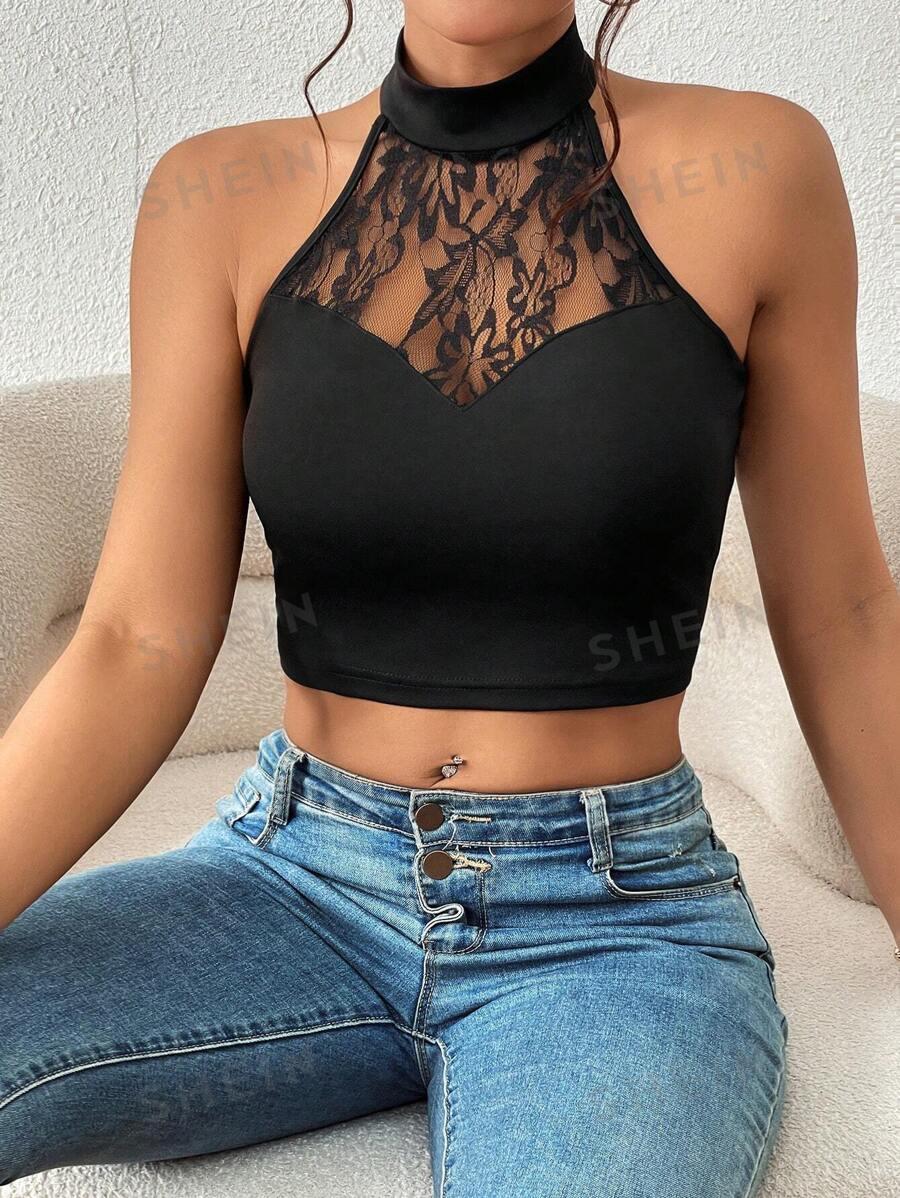 CZARNY CROP TOP KORONKA