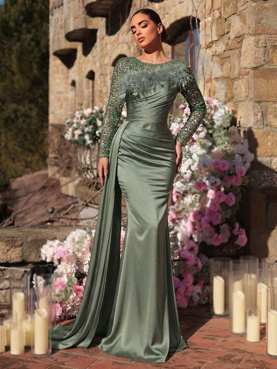 zielona sukienka maxi zdobienie