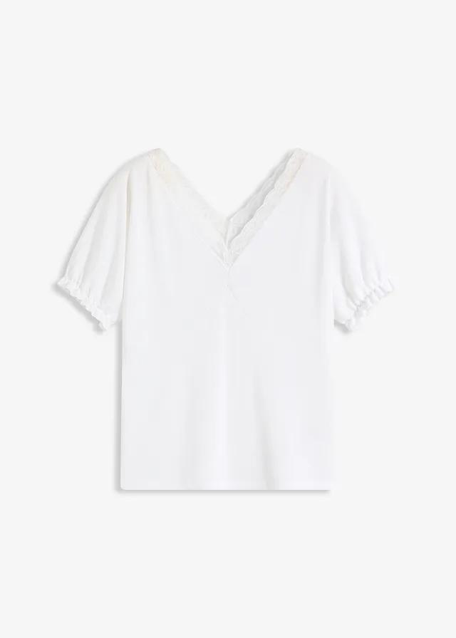 BIAŁA PRĄŻKOWANA BLUZKA V-NECK KORONKA
