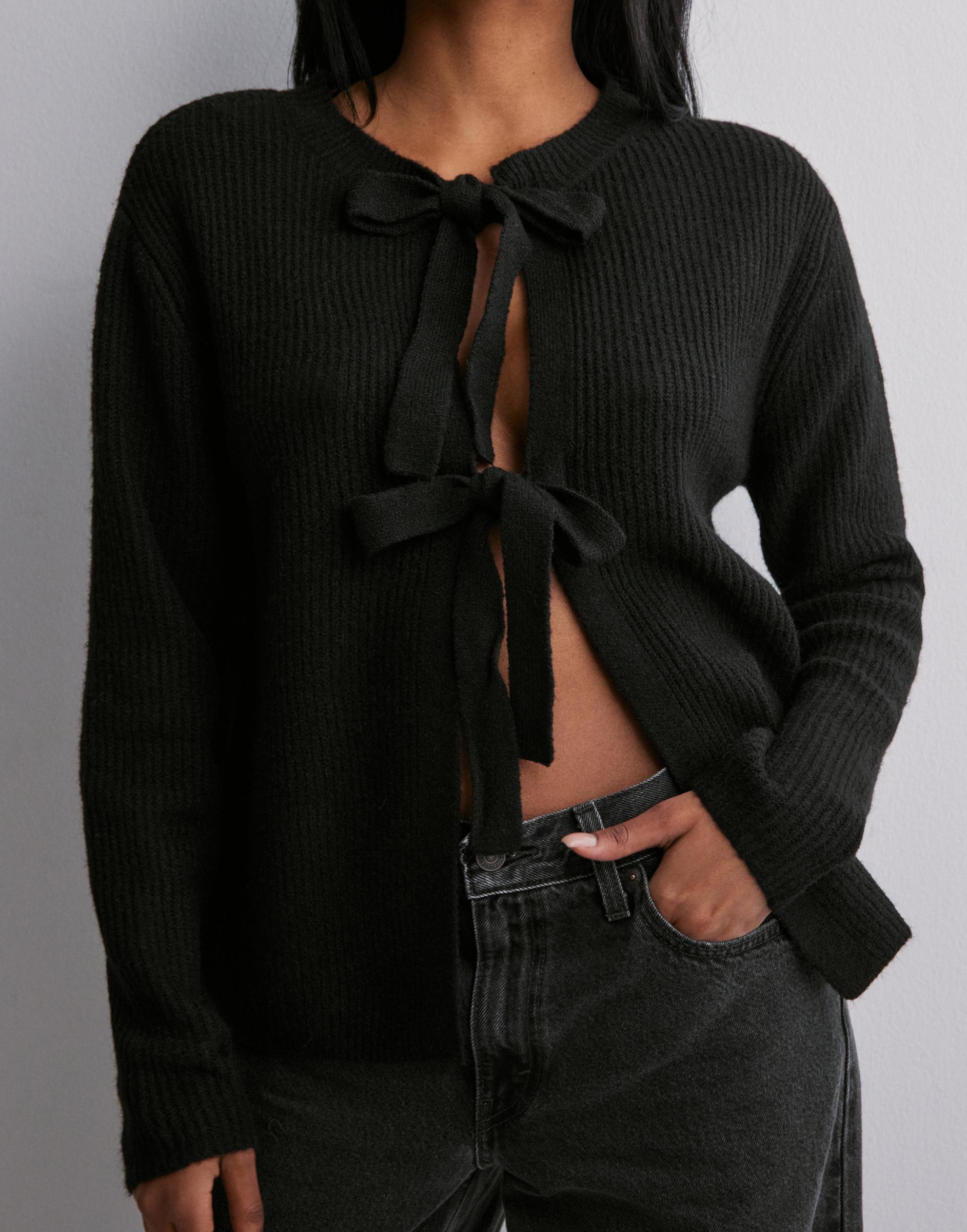 czarny wiązany sweter kokardy długi rękaw