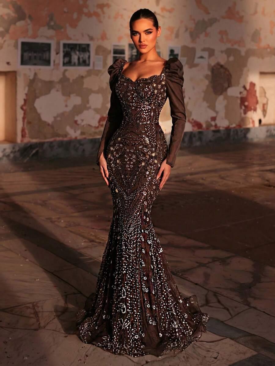 brązowa sukienka maxi zdobienia 