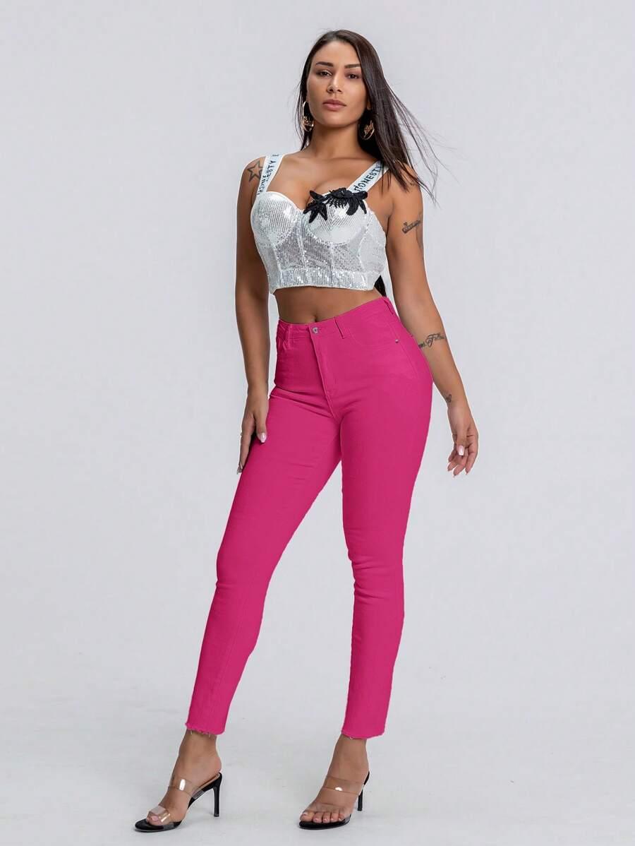 różowe spodnie jeans rurki