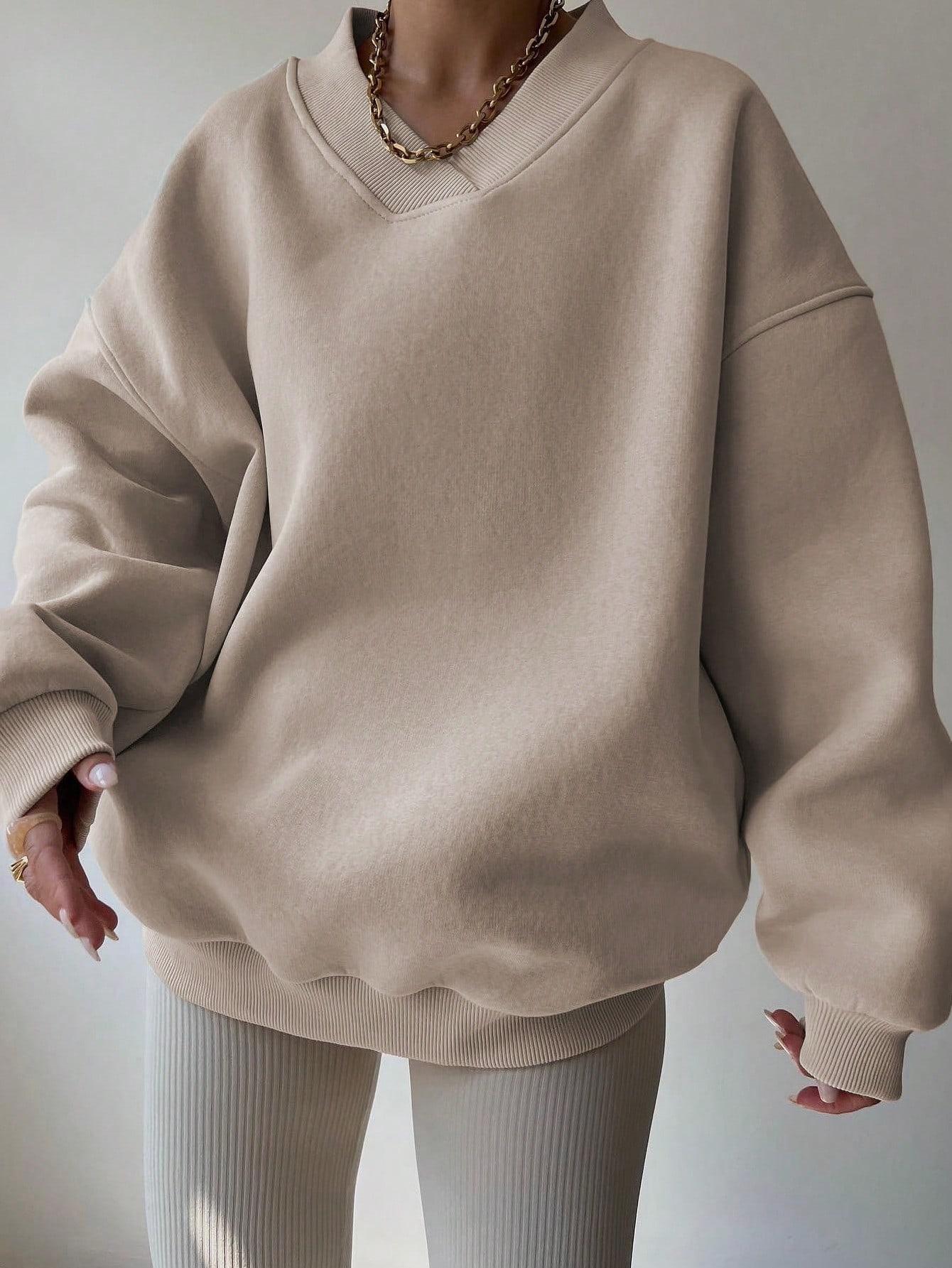 BEŻOWA GŁADKA BLUZA V-NECK