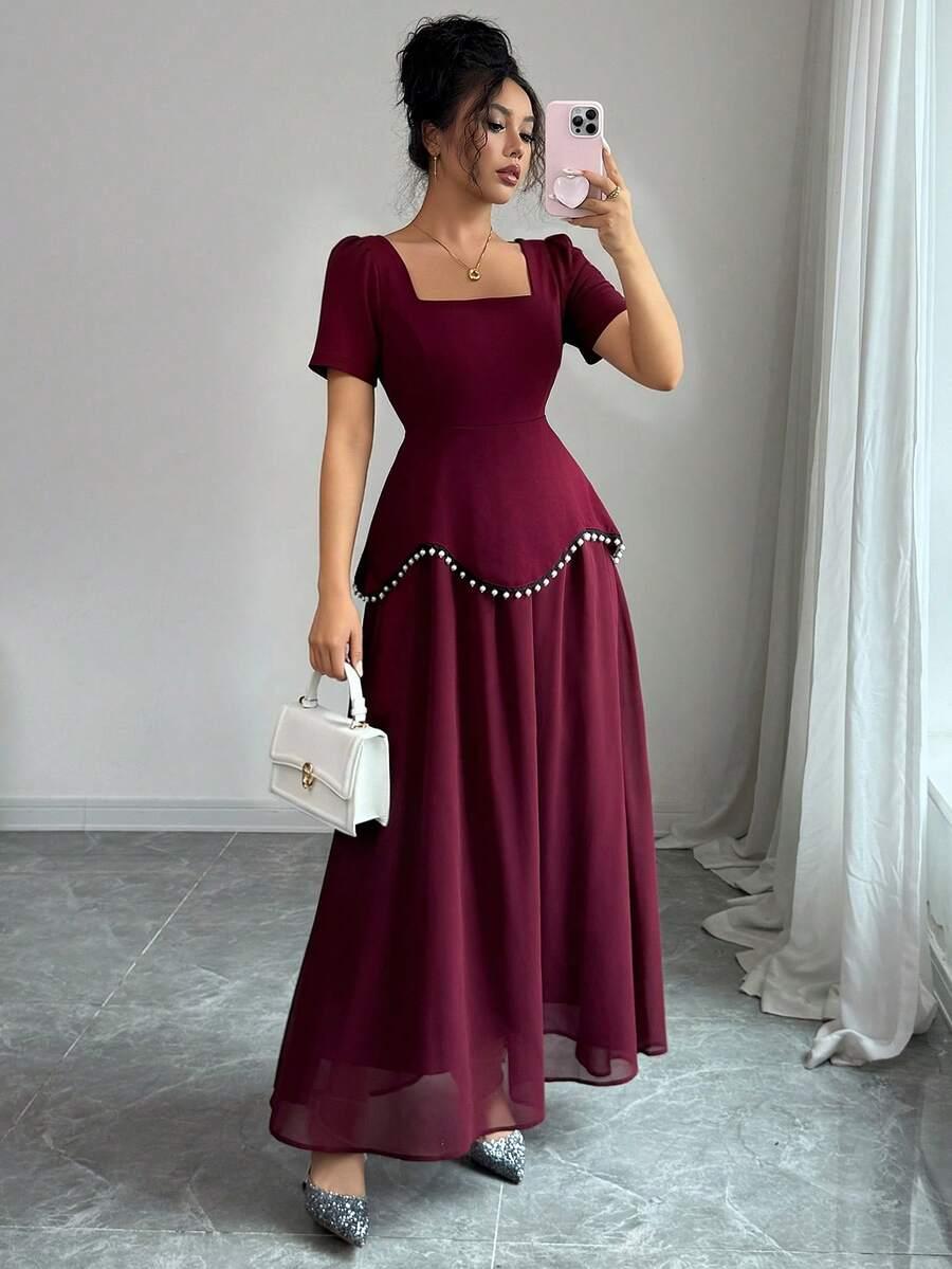 bordowa sukienka maxi zdobienia 