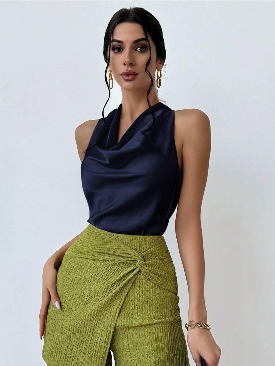 GRANATOWY SATYNOWY TOP