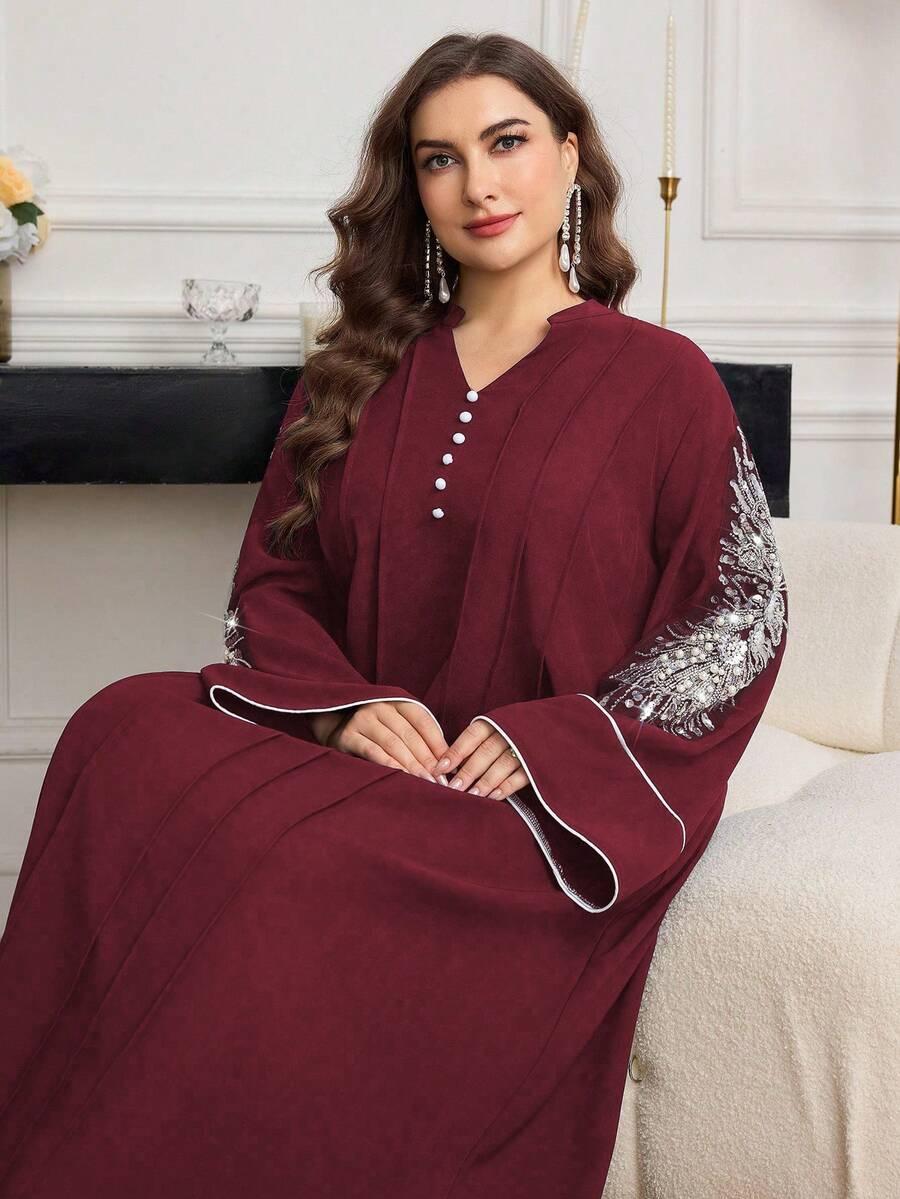 bordowa maxi sukienka v neck zdobienie 