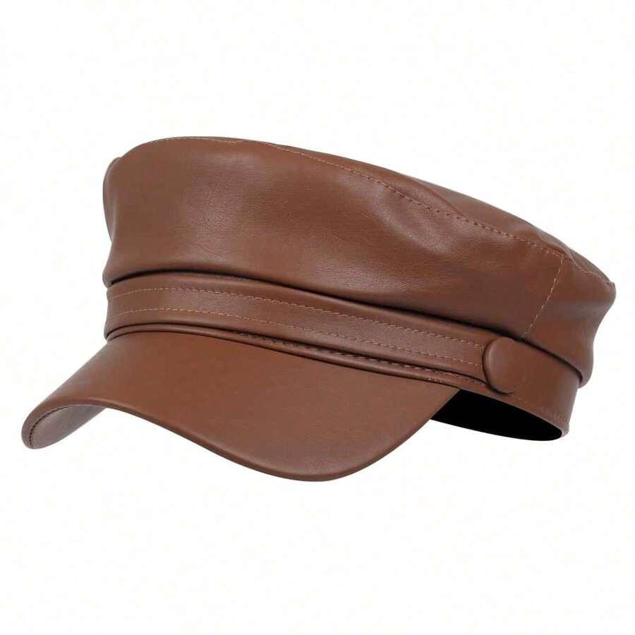 brązowy beret imitacja skóry 