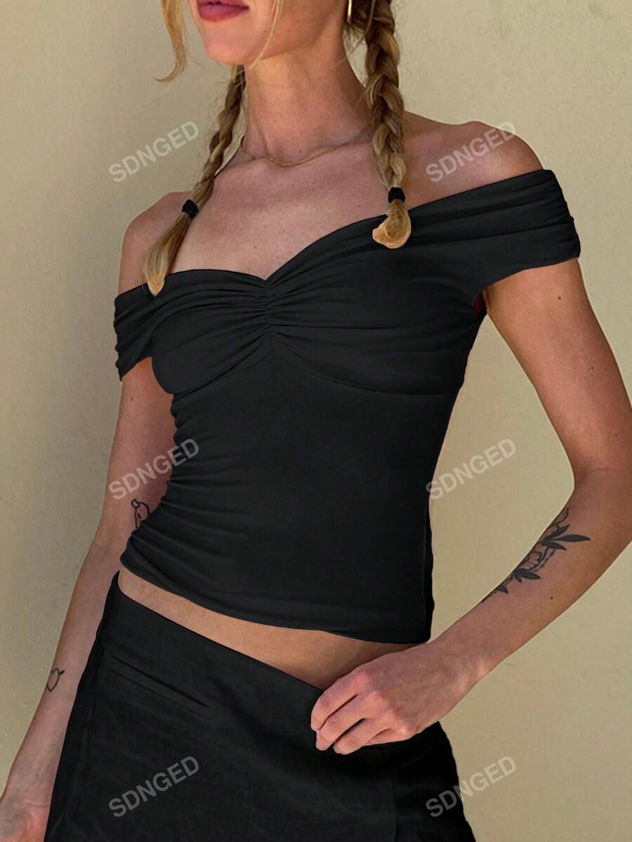 KLASYCZNY CZARNY TOP V-NECK MARSZCZENIE