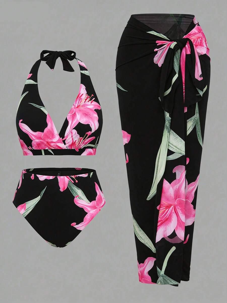 KOMPLET BIKINI Z NARZUTKĄ W KWIATY