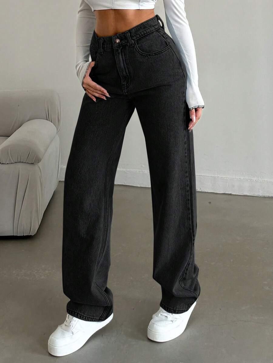 CZARNE SPODNIE JEANS WYSOKI STAN KIESZENIE