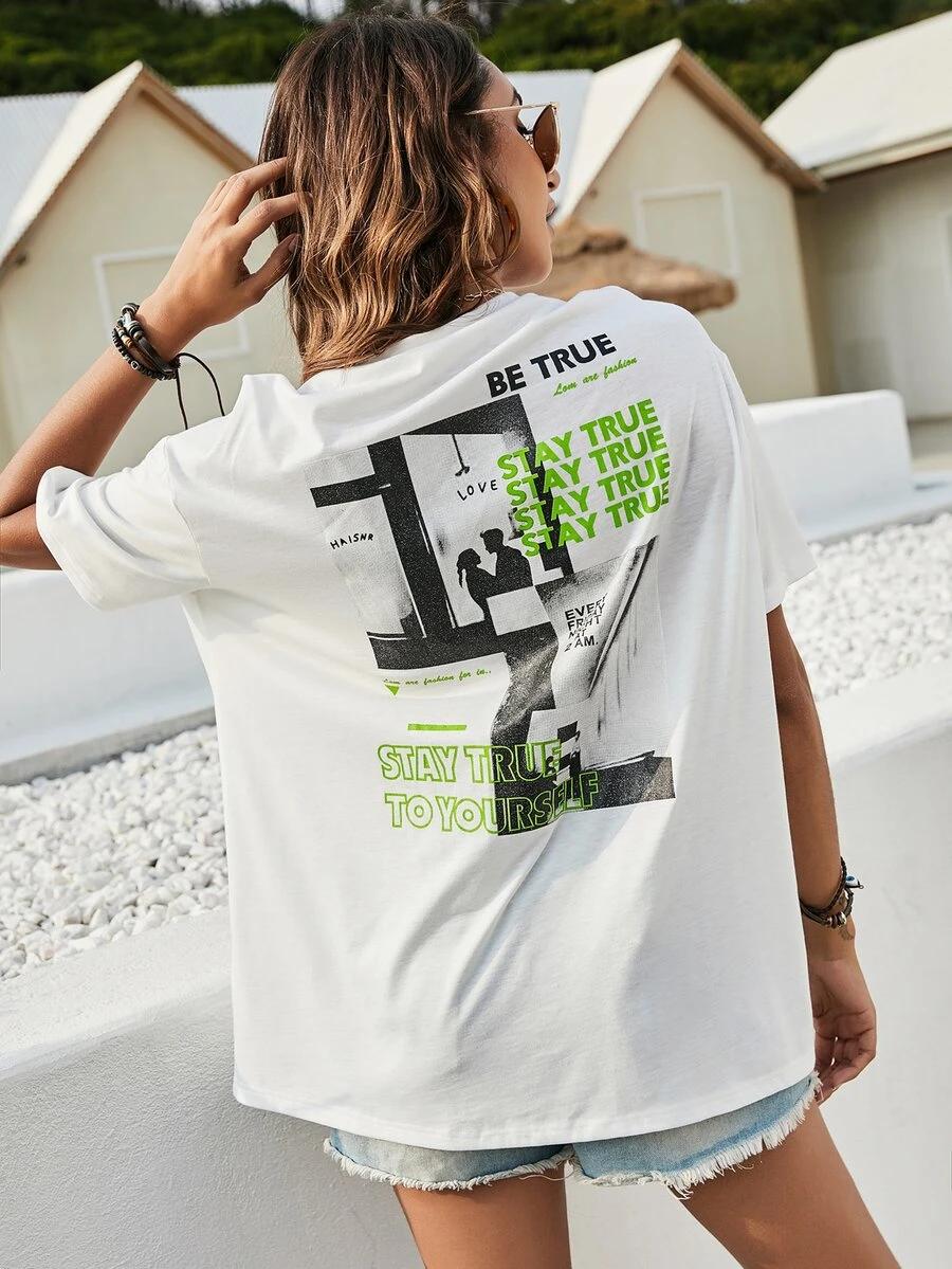 biały t-shirt okrągły dekolt print