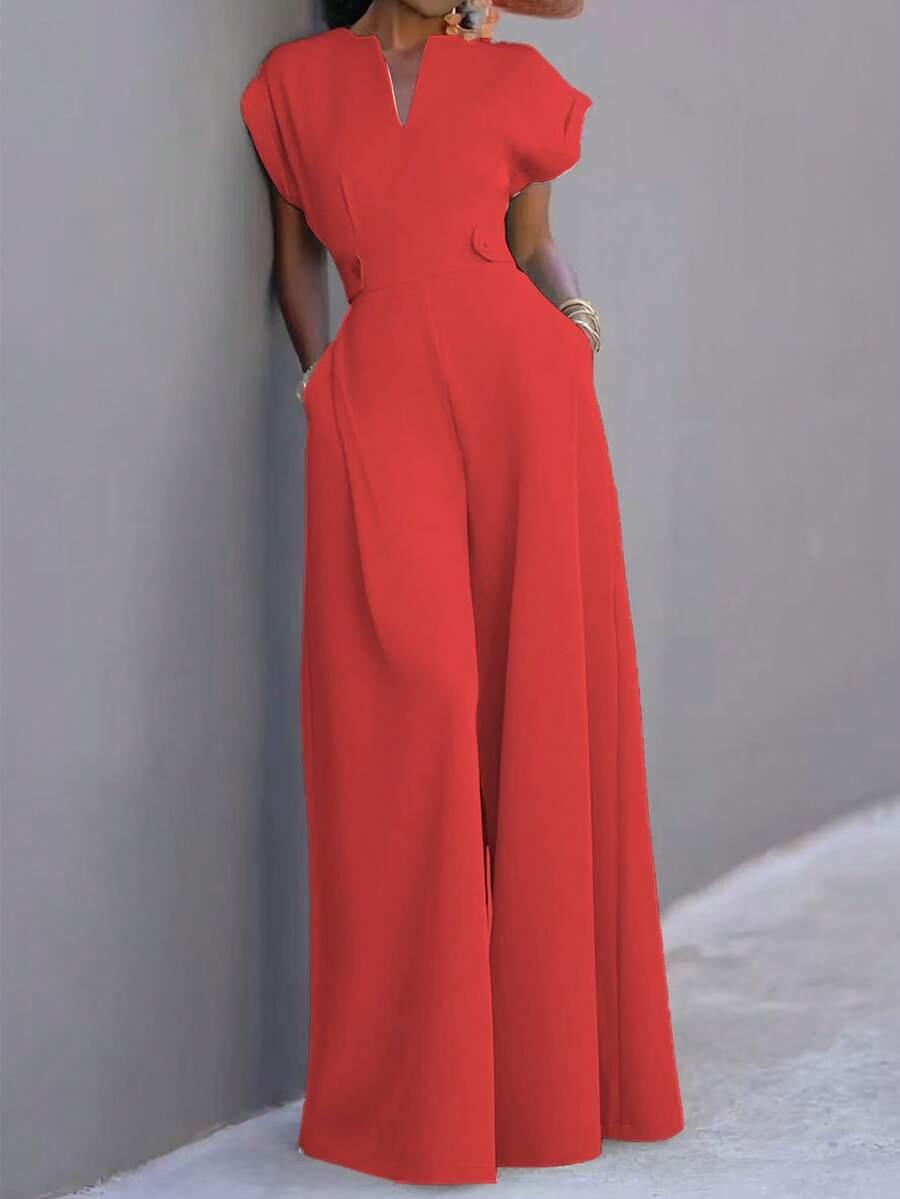 CZERWONY KOMBINEZON V-NECK