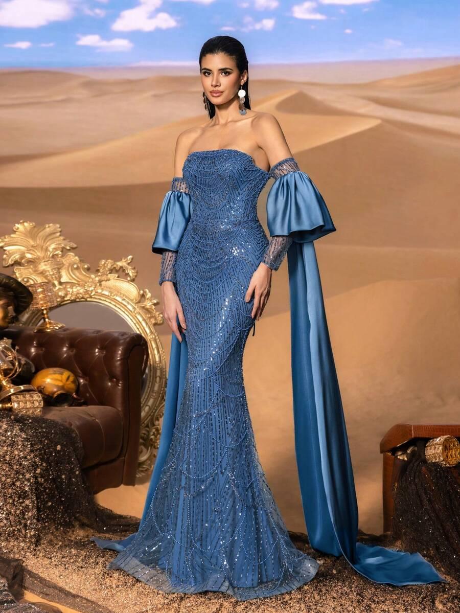 niebieska maxi sukienka zdobienia