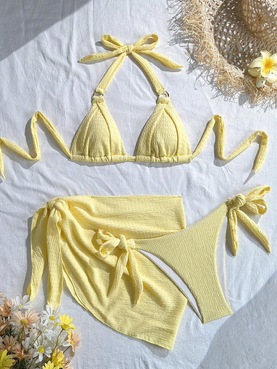 żółty trzyczęściowy komplet bikini wiązanie