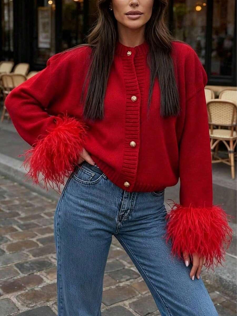 CZERWONY SWETER GUZIKI
