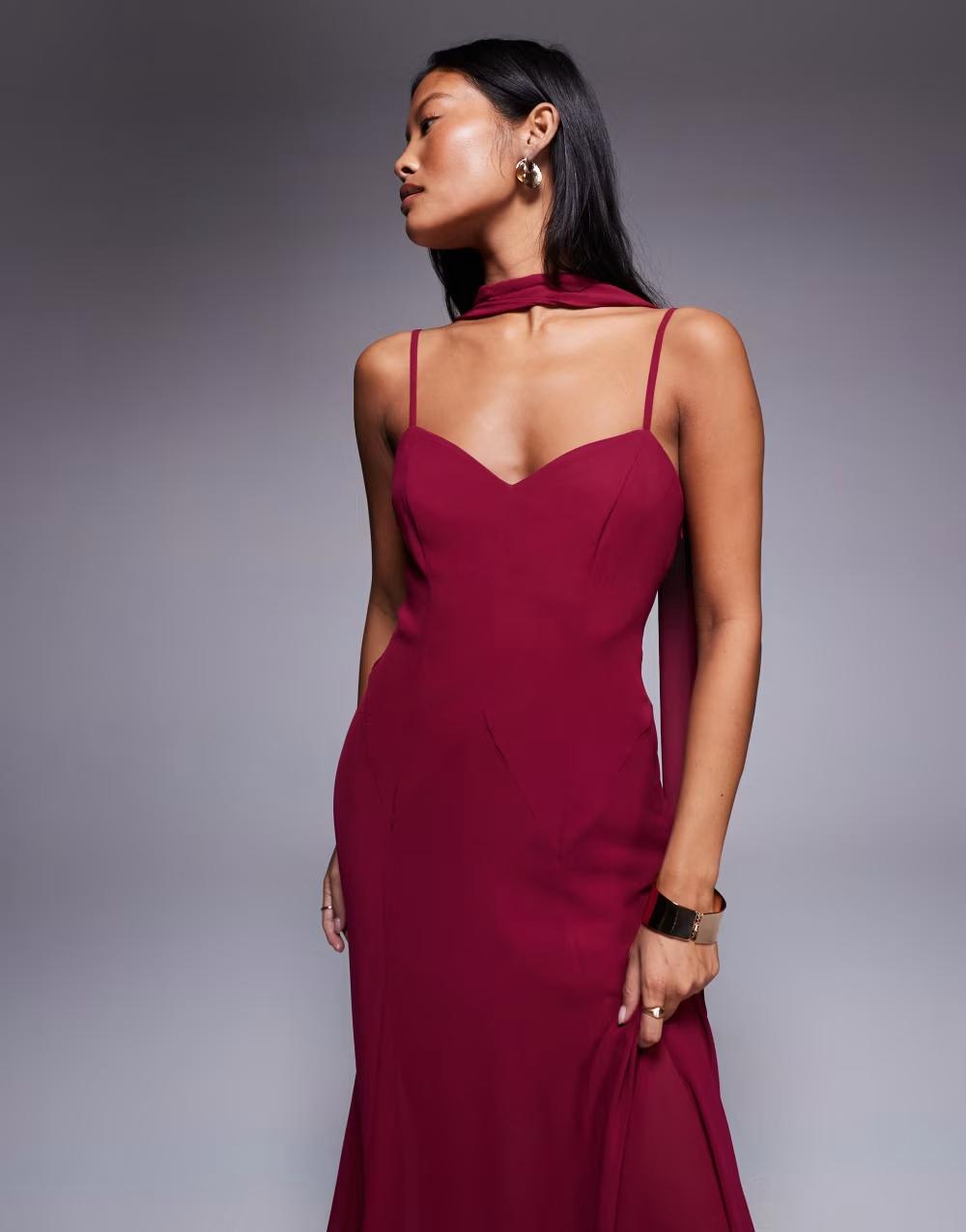 bordowa maxi sukienka na ramiączkach v-neck