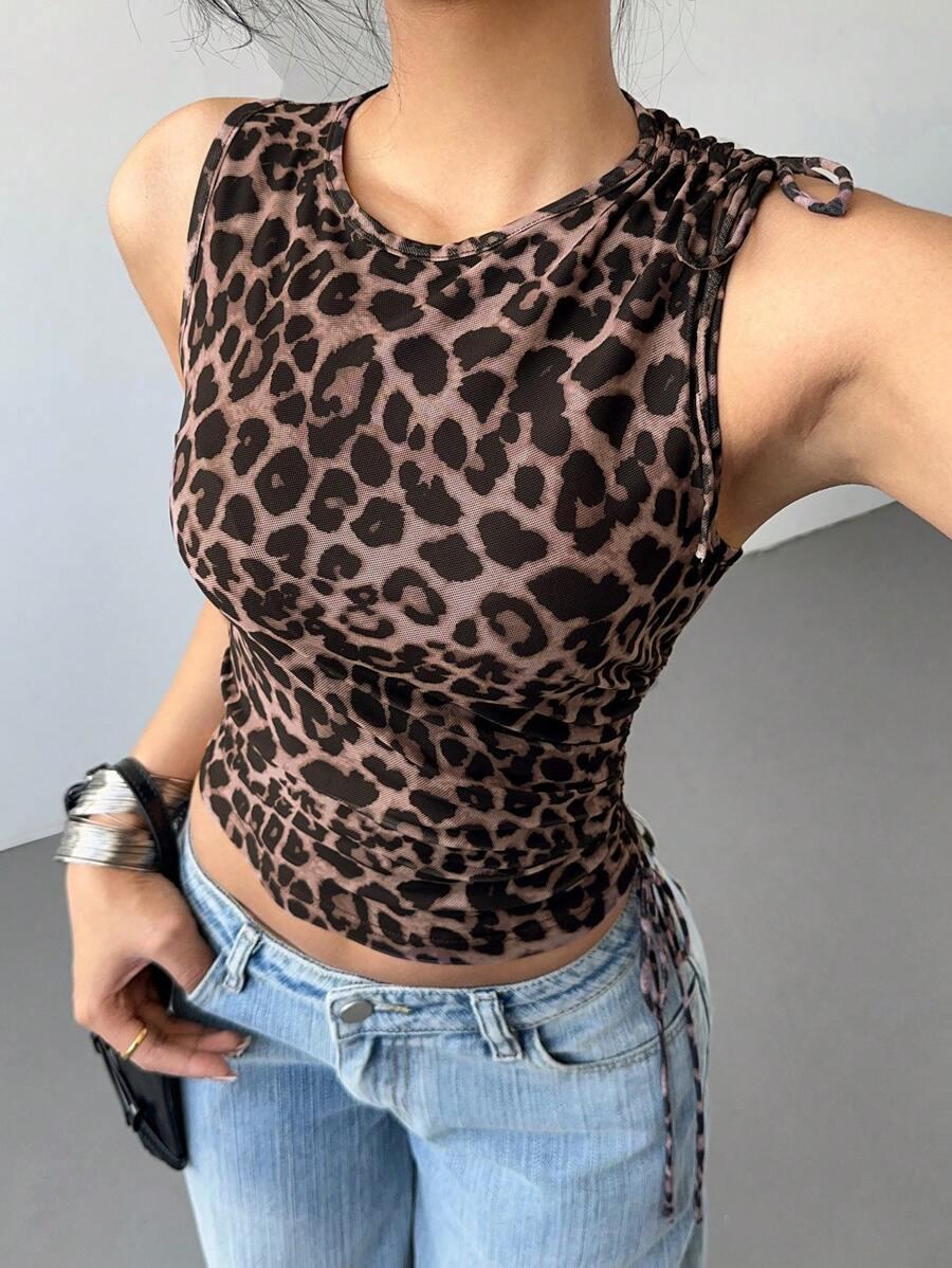 top animal print marszczenie wiązanie 
