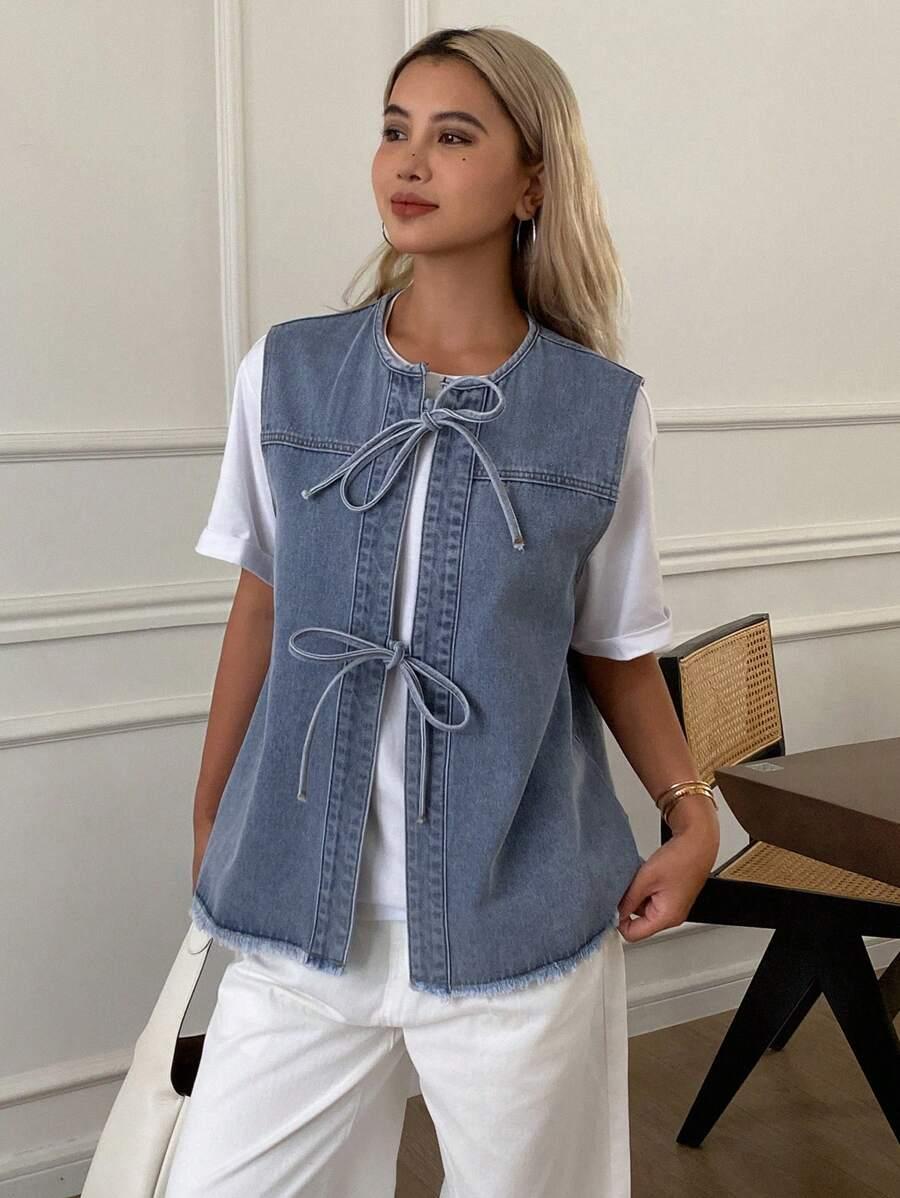 NIEBISKA KAMIZELKA JEANS WIĄZANIE