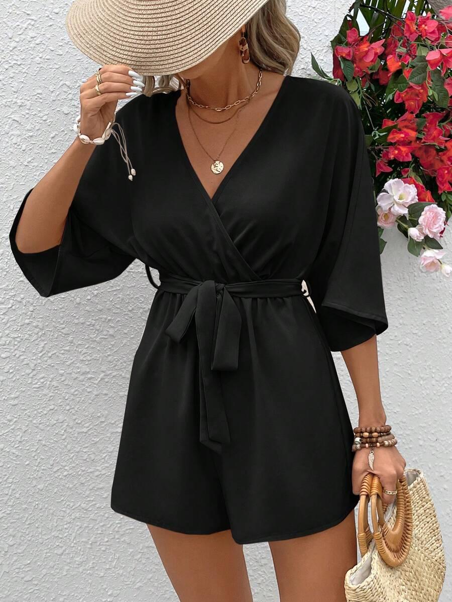 CZARNY KOMBINEZON V-NECK 