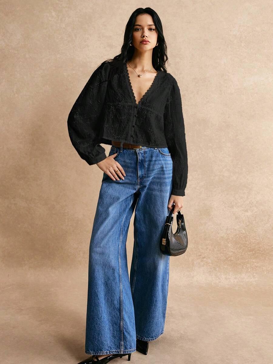 CZARNA BLUZKA V-NECK DŁUGI RĘKAW