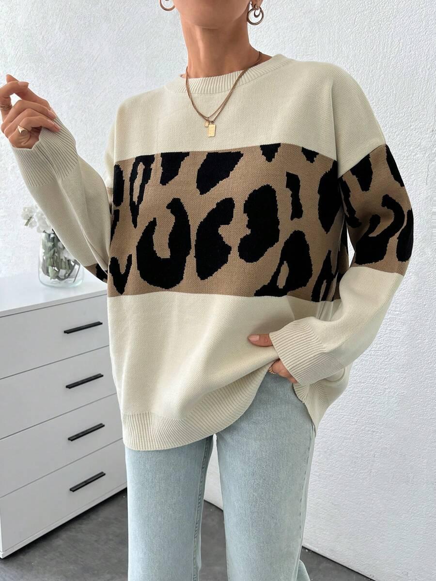 LUŹNY SWETER ŁĄCZENIE ANIMAL PRINT